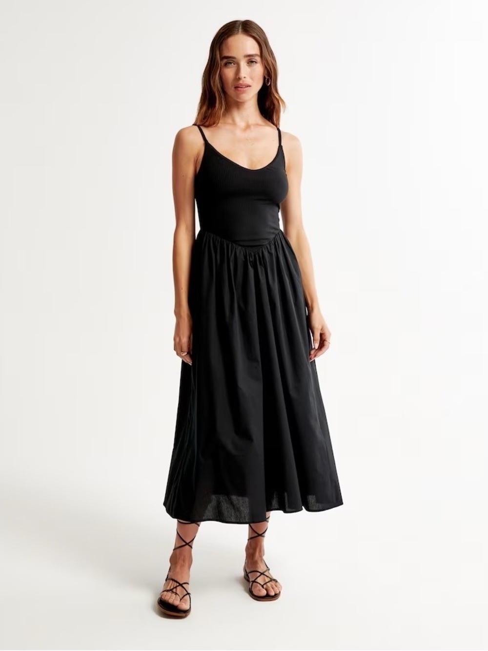 Abercrombie & Fitch Mixed Fabric Ribbed Top Cotton Skirt Drop-Waist Midi Dress